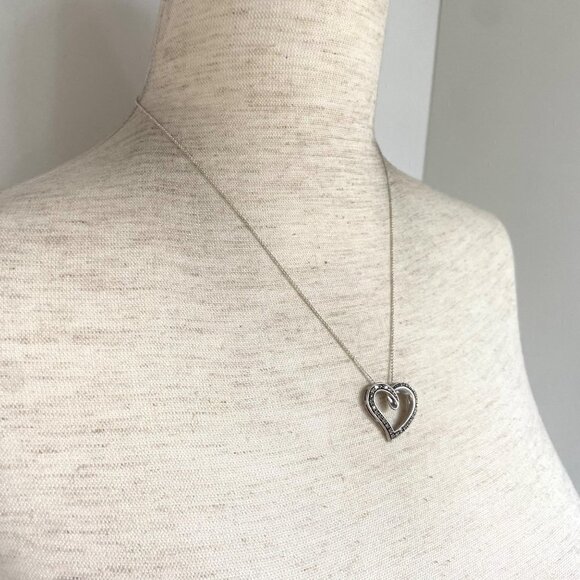 Sterling Silver 925 AFJC Diamond Asymmetric Heart Pendant Necklace 18" Chain - Picture 3 of 16